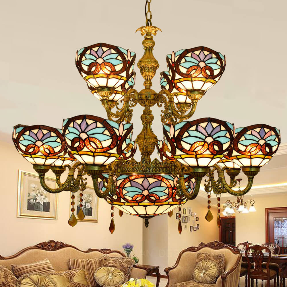 European Style Tiffany Love Baroque Stained Glass 15-Light Chandelier