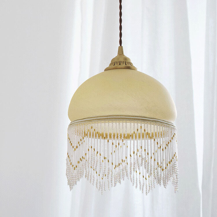 Vintage Milky Yellow Glass Tassel 1-Light Pendant Light