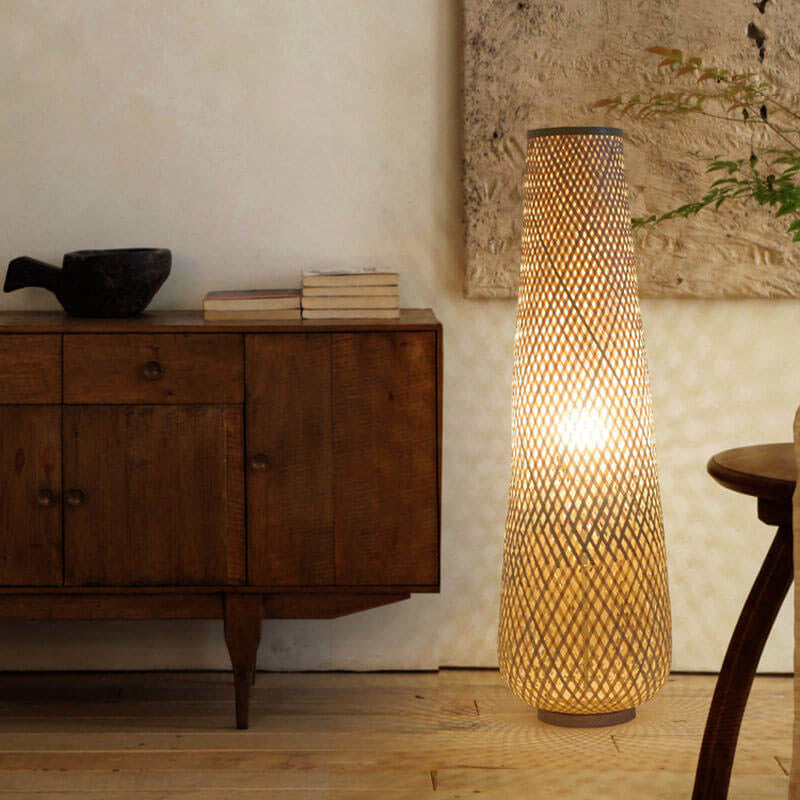 Modern Bamboo Weaving Column 1-Light LED Standing Floor Lamp