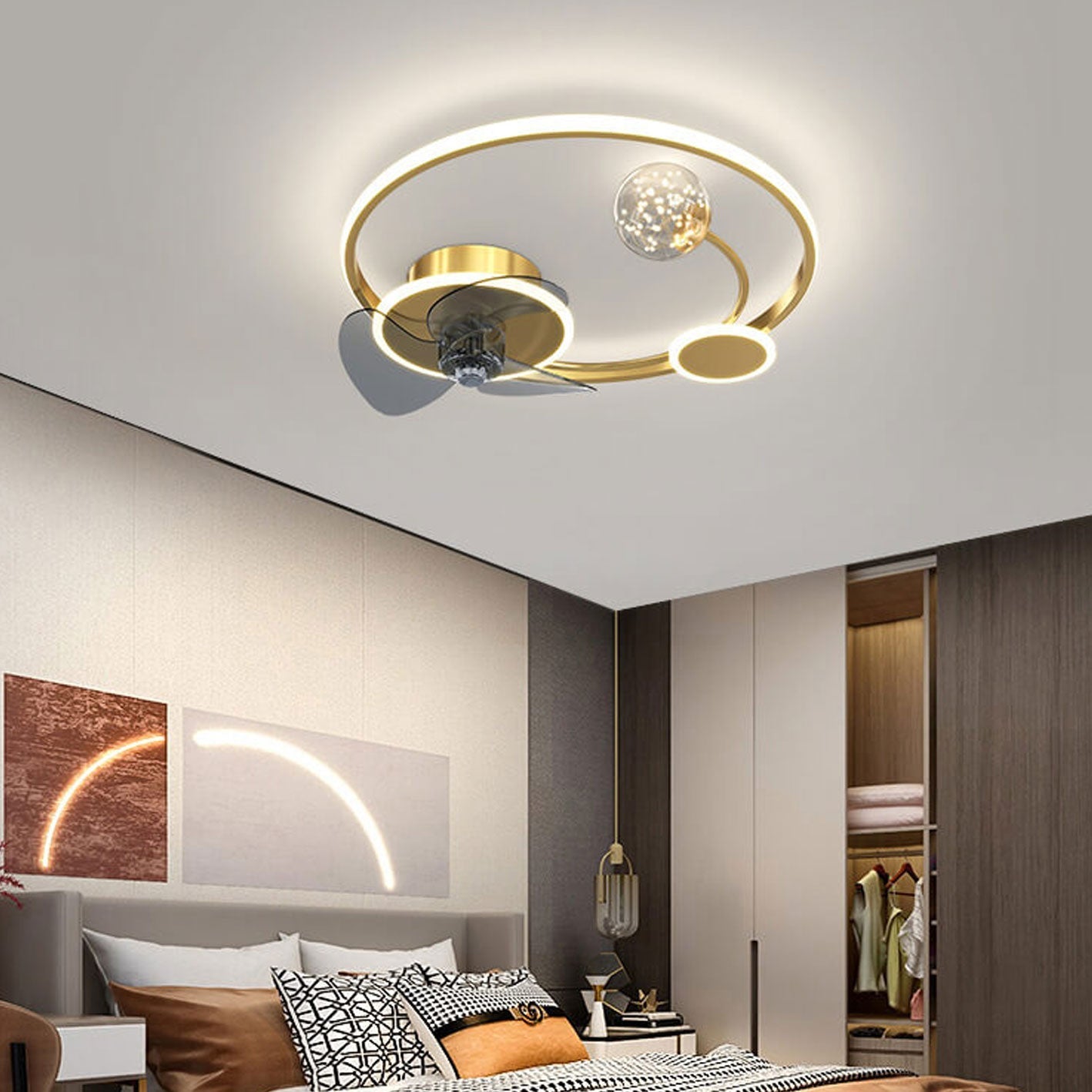 مروحة سقف LED بتصميم دائري إبداعي حديث مع مروحة سقف مثبتة على السطح