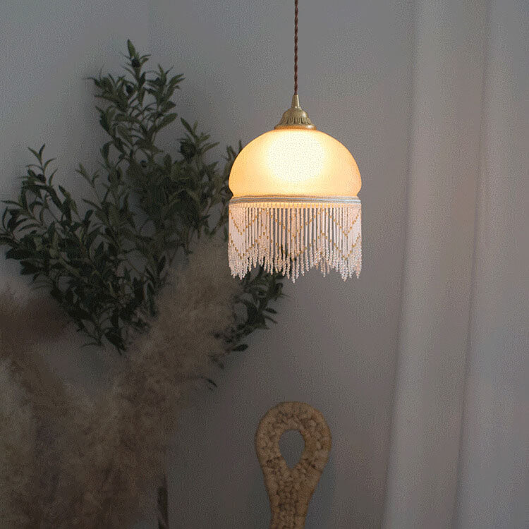 Vintage Milky Yellow Glass Tassel 1-Light Pendant Light