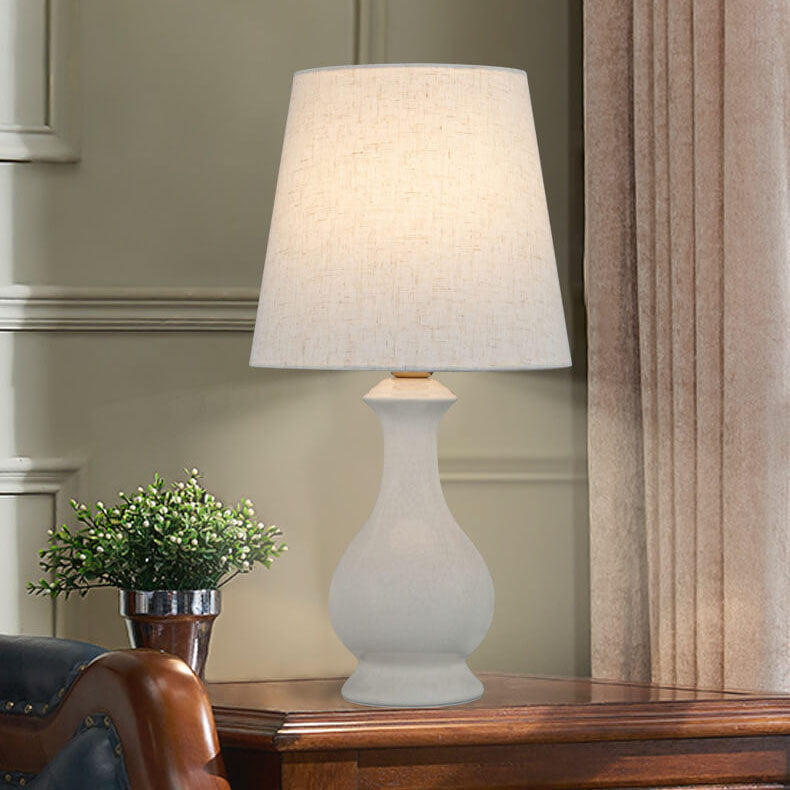 Modern Minimalist Fabric Shade White Ceramic 1-Light Table Lamp