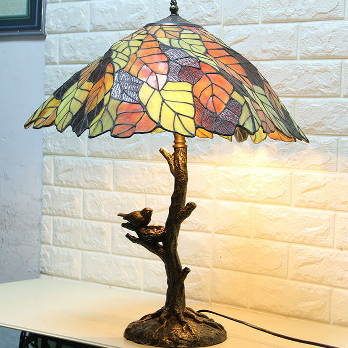 Vintage Tiffany Leaf Stained Glass 2-Light Table Lamp