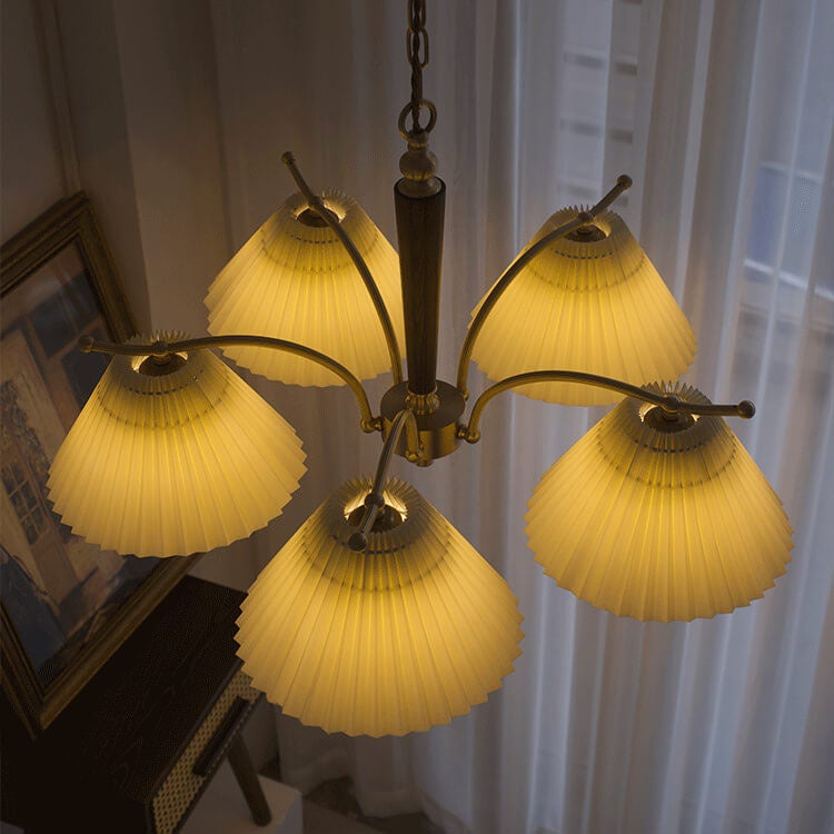 Vintage Walnut Pleated Shade 3/6 Light Chandelier