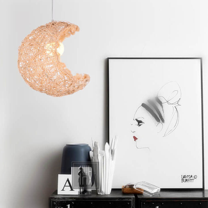 Rattan Weaving Moon Shape 1-Light Pendant Light