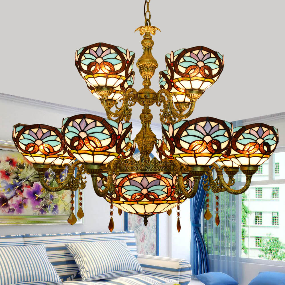 European Style Tiffany Love Baroque Stained Glass 15-Light Chandelier