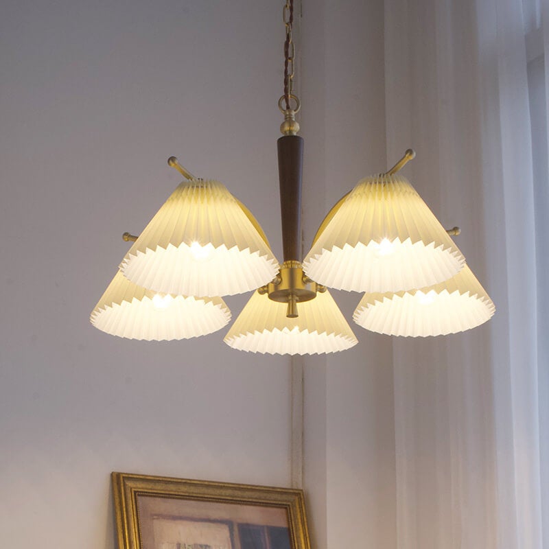 Vintage Walnut Pleated Shade 3/6 Light Chandelier