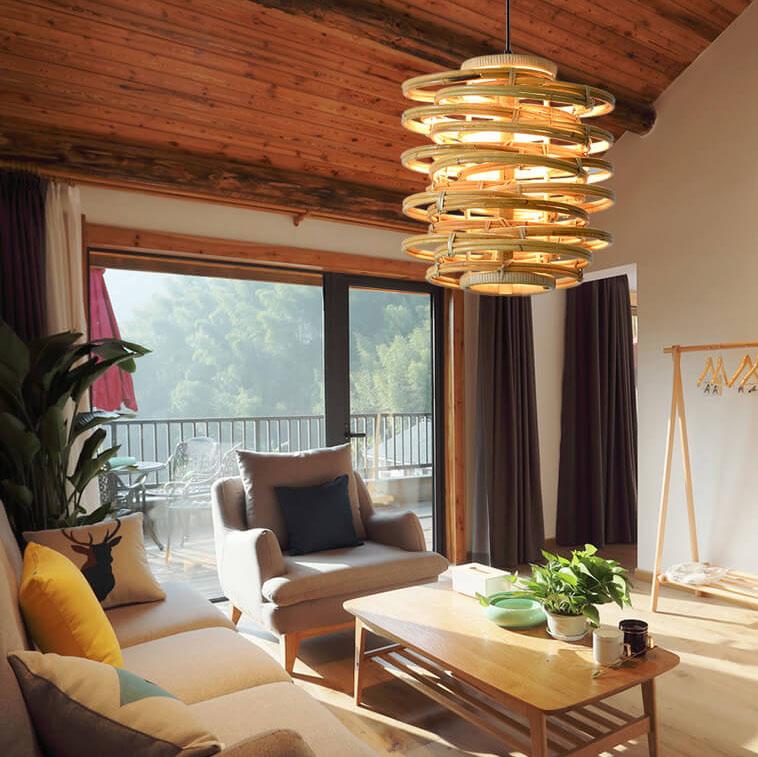 Modern Spiral Bamboo Weaving 1-Light Cylinder Pendant Light