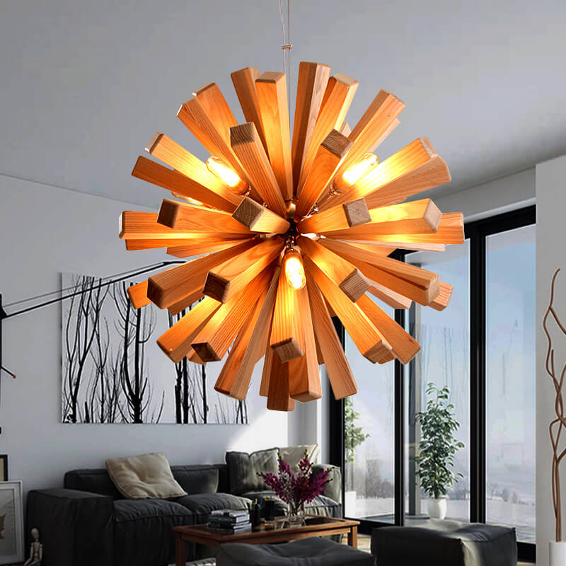 ثريا خشبية بتصميم كرة الهندباء الإبداعية مزودة بـ 10 مصابيح LED