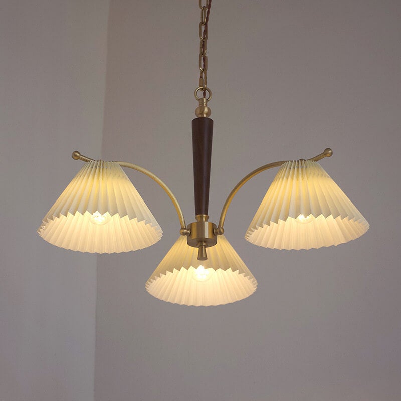 Vintage Walnut Pleated Shade 3/6 Light Chandelier