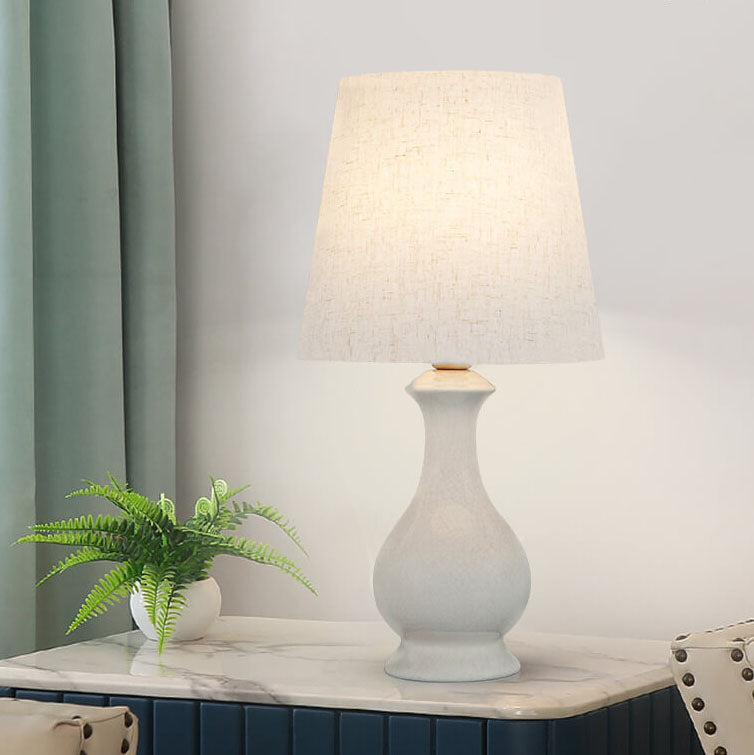 Modern Minimalist Fabric Shade White Ceramic 1-Light Table Lamp