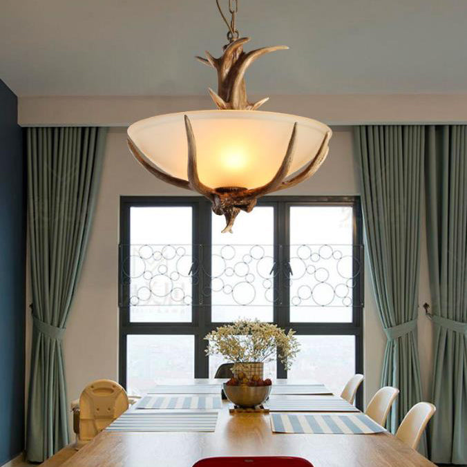 Vintage Resin Antler Glass Bowl 3-Light Chandelier