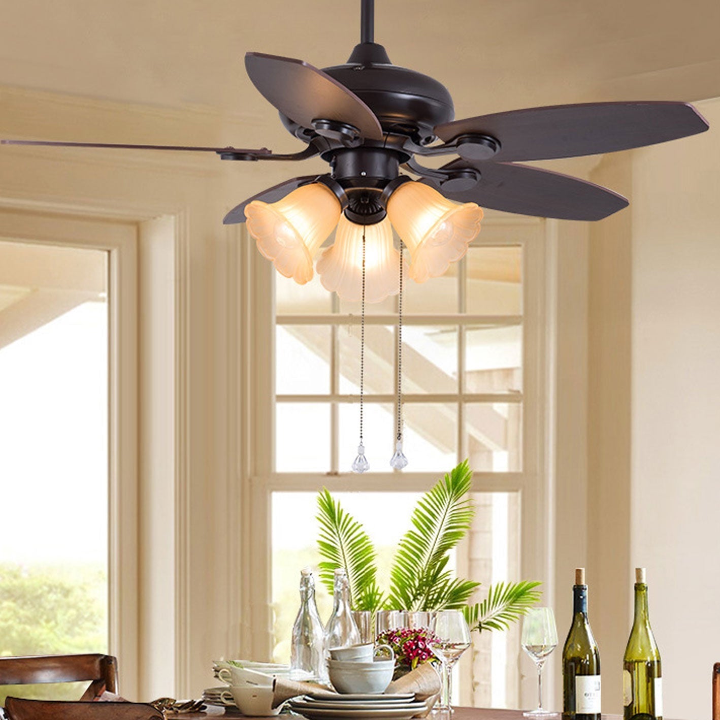 European Vintage Bell Shade Downrods Ceiling Fan Light