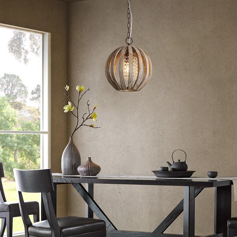 مصباح معلق هندسي خشبي عتيق من الريف، مزود بمصباح واحد