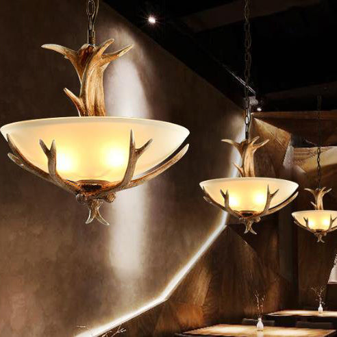 Vintage Resin Antler Glass Bowl 3-Light Chandelier