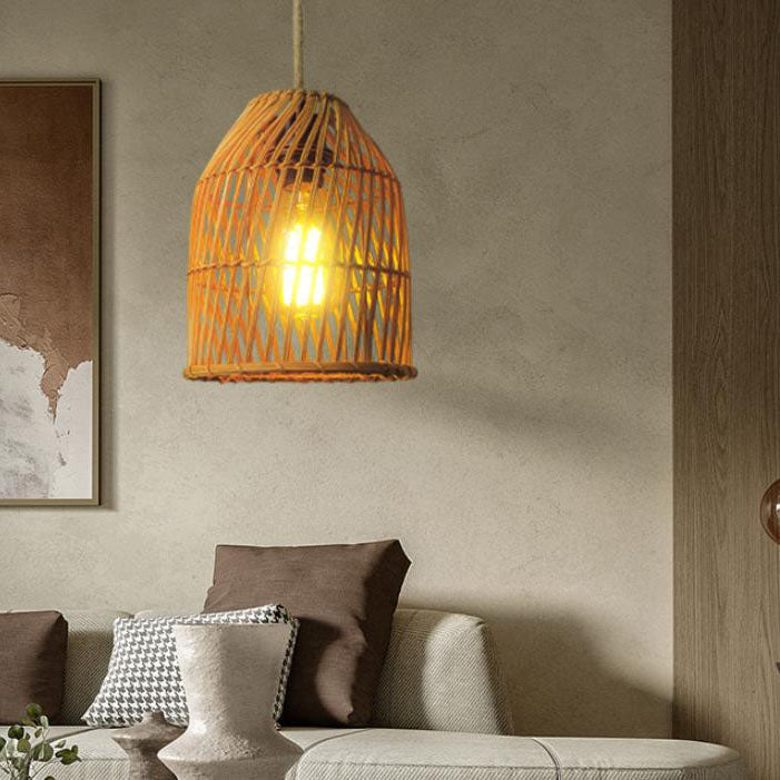Vintage Rattan Weaving Dome Column 1-Light Pendant Light