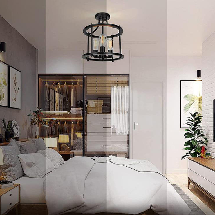 Industrial Vintage Round Drum 3-Light Semi-Flush Mount Ceiling Light