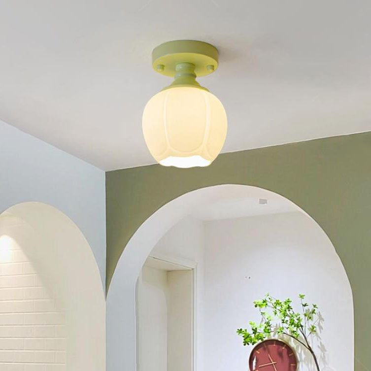 Nordic Fresh Green Floral Glass 1-Light Semi-Flush Mount Ceiling Light