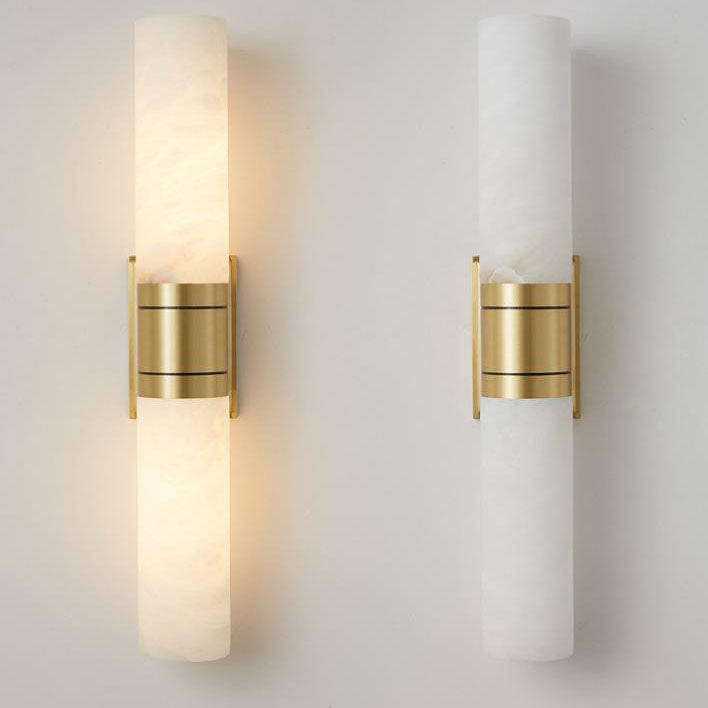 Modern Mid-Century Marble Column Copper 2-Light Wall Sconce Lamp For Living Room