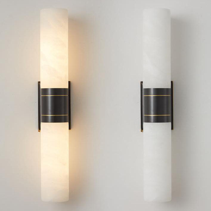Modern Mid-Century Marble Column Copper 2-Light Wall Sconce Lamp For Living Room
