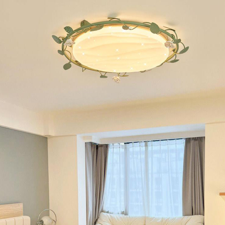 Modern Minimalist Disc Rose Rattan Wood Acrylic LED Flush Mount Ceiling Light