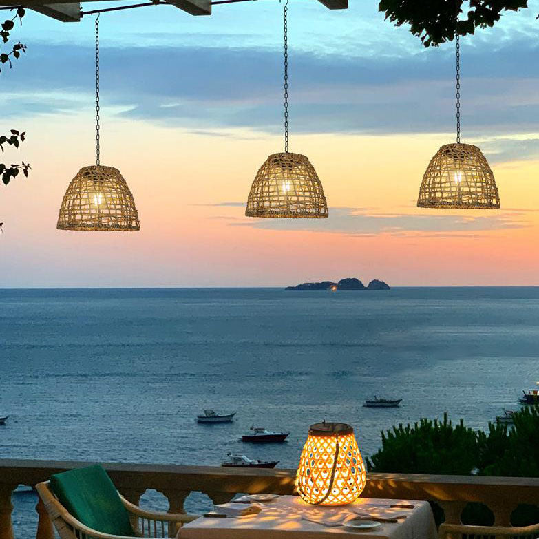 Traditional Rustic Iron Net Rattan Weaving Cage LED Solar Waterproof Pendant Light For Outdoor Patio