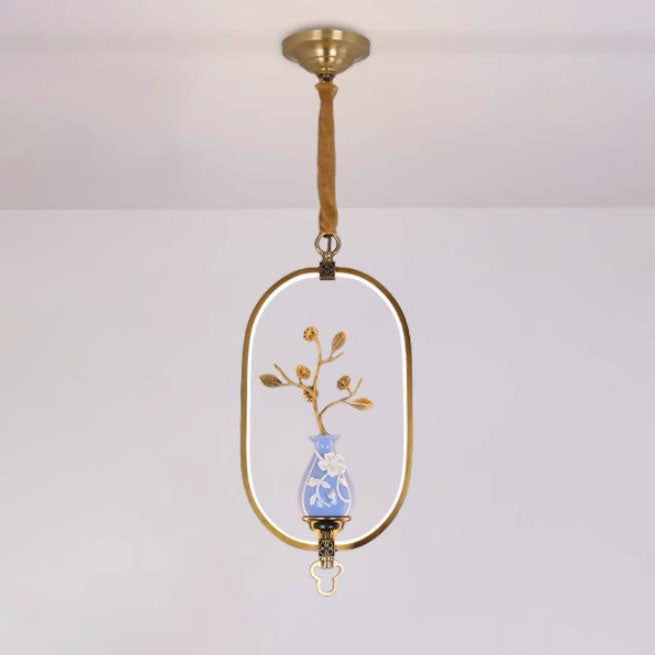 Traditional Chinese Oval Dendritic Flower Full Copper Ceramic LED Pendant Light For Living Room