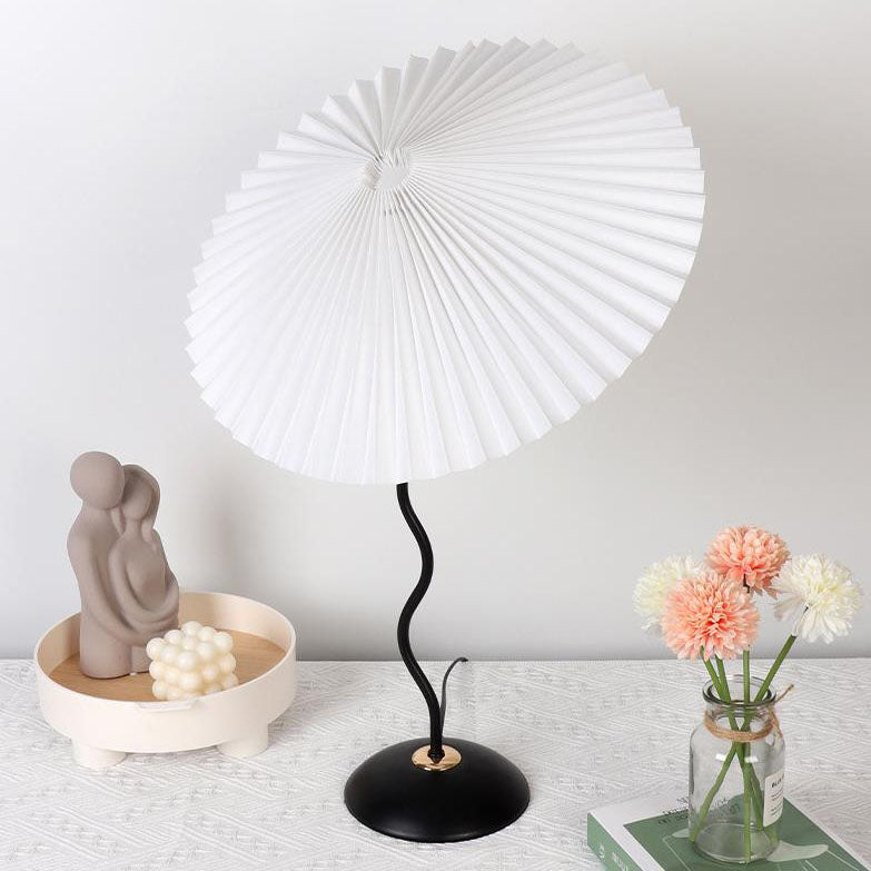 Contemporary Nordic Pleated Fabric Round Shade Iron Frame 1-Light Table Lamp For Study
