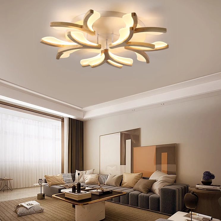 مصباح سقف LED شبه مدمج مصنوع من الخشب والحديد والأكريليك بتصميم أغصان أزهار إسكندنافية معاصر لغرفة المعيشة