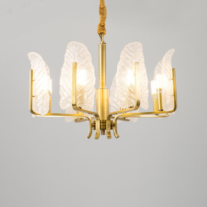 ثريا معاصرة من الزجاج والنحاس بثمانية مصابيح لغرفة النوم على شكل فرع من أوراق الشجر على الطراز الاسكندنافي