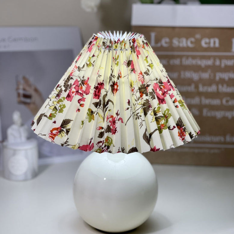 Modern Minimalist Round Fabric Pleated Ceramic 1-Light Table Lamp For Bedroom