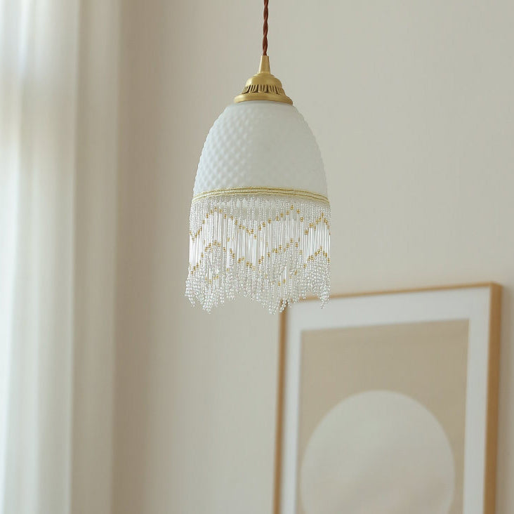 Traditional European Oval Tassel Glass Copper 1-Light Pendant Light For Bedroom