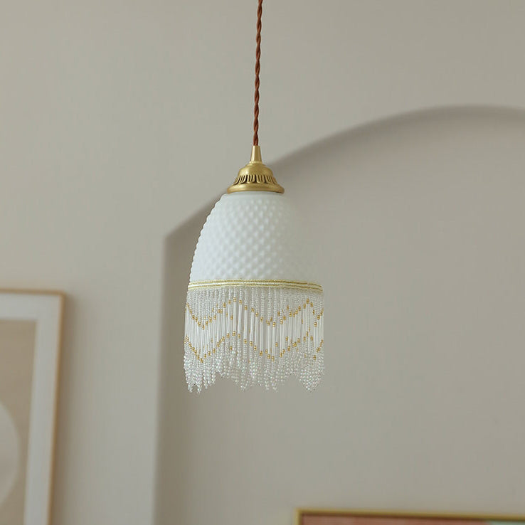 Traditional European Oval Tassel Glass Copper 1-Light Pendant Light For Bedroom