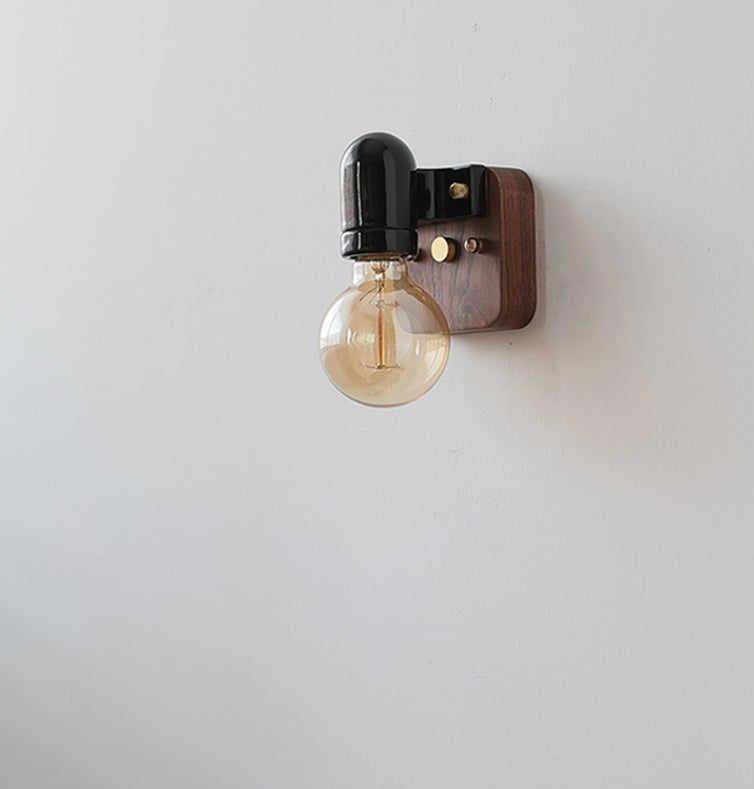 Traditional Vintage Ceramic Round Glass Shade Wood Base 1-Light Wall Sconce Lamp For Bedroom