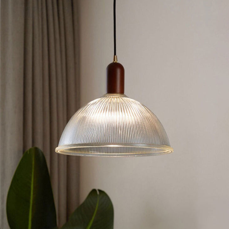 مصباح معلق تقليدي عتيق على شكل وعاء دائري من الخشب الصلب وقبة زجاجية ومصباح واحد لغرفة المعيشة