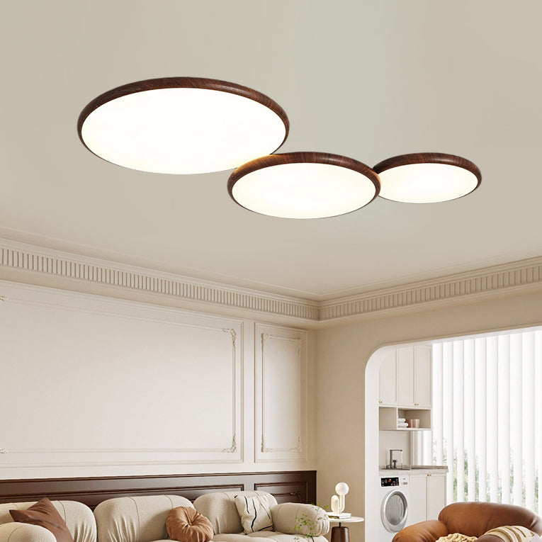 مصباح سقف LED دائري بتصميم عصري بسيط من الخشب والحديد، مثبت بشكل نصف مسطح لغرفة المعيشة