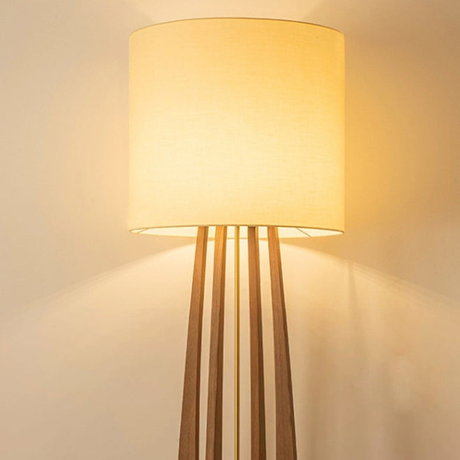Traditional Chinese Wood Fabric Cylinder 1-Light Standing Floor Lamp For Living Room