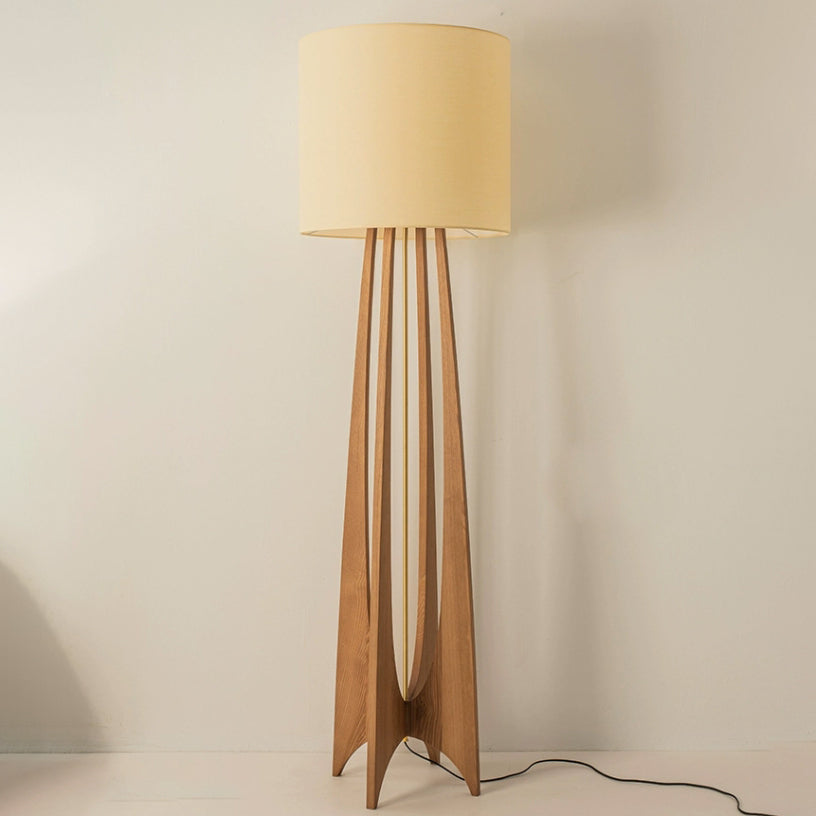 Traditional Chinese Wood Fabric Cylinder 1-Light Standing Floor Lamp For Living Room