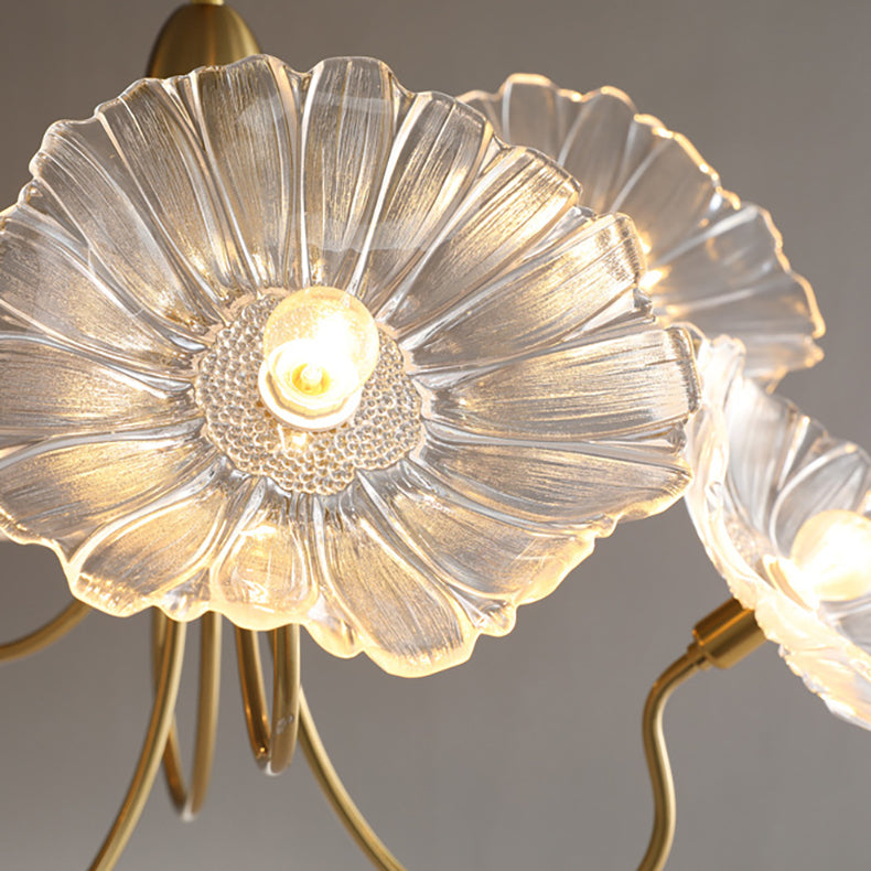 Traditional Vintage Gold Finish Frame Flower Glass Shade 6-Light Chandelier For Bedroom