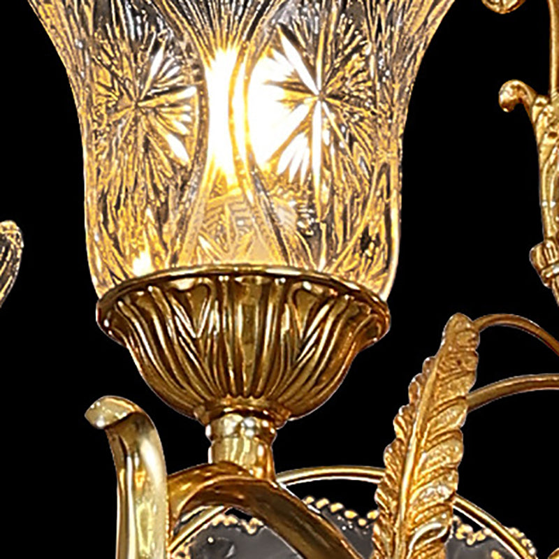 伝統的なフランスの花柄、葉、枝、ガラス、銅製、6灯シャンデリア(寝室用)