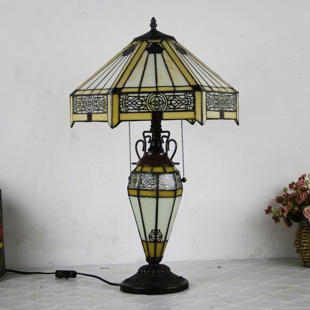 European Tiffany Stained Glass Hexagonal Dome Pull Cord 2-Light Table Lamp