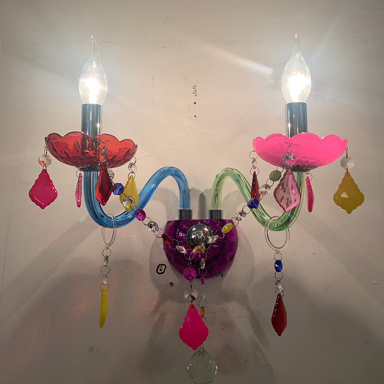Traditional European Kids Glass Crystal Metal Fabric Candlestick Holder Flower 2-Light Wall Sconce Lamp For Bedside