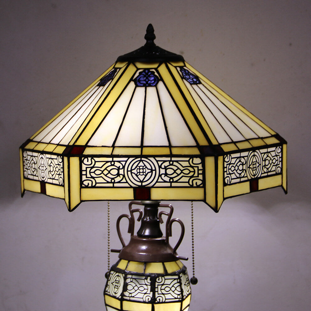European Tiffany Stained Glass Hexagonal Dome Pull Cord 2-Light Table Lamp