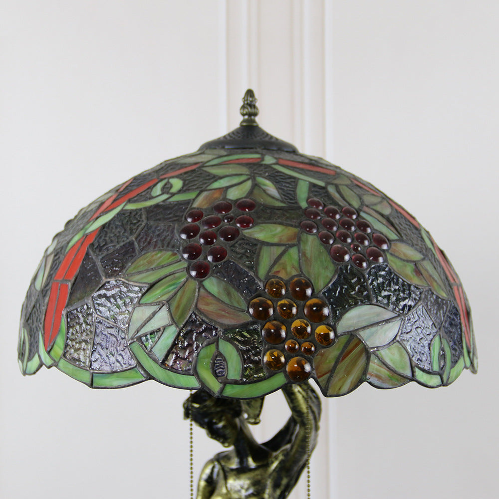 Traditional Tiffany Resin Glass Dome Grape Cow Diamond Pretty Woman Base 2-Light Table Lamp For Bedside