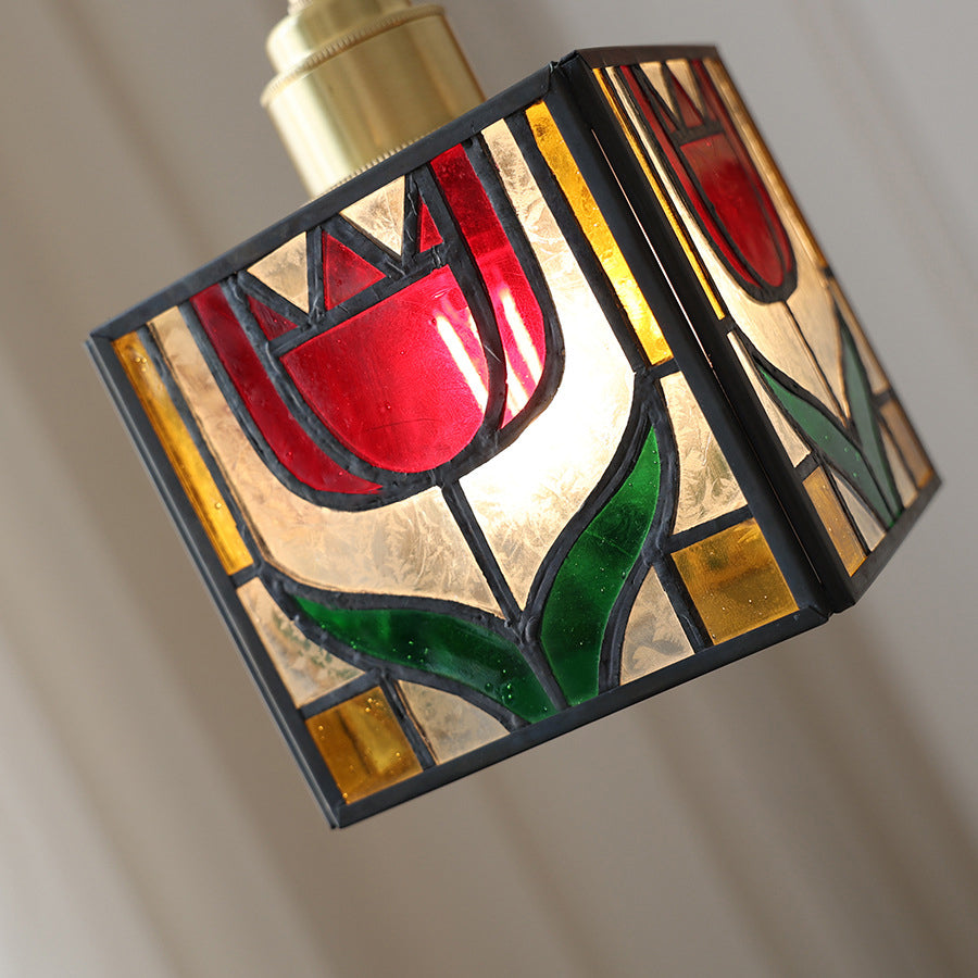 Traditional Vintage Square Rubik's Cube Tulip Brass Glass 1-Light Wall Sconce Lamp For Living Room