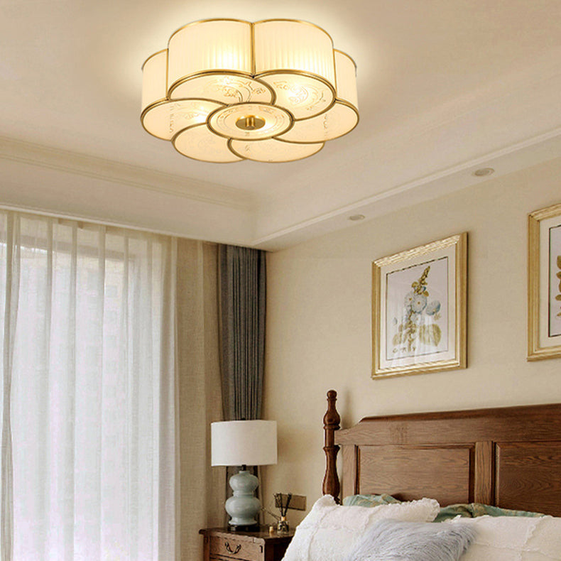 Traditional European Flower Petal Copper Glass 3/4/6 Light Flush Mount Ceiling Light For Living Room
