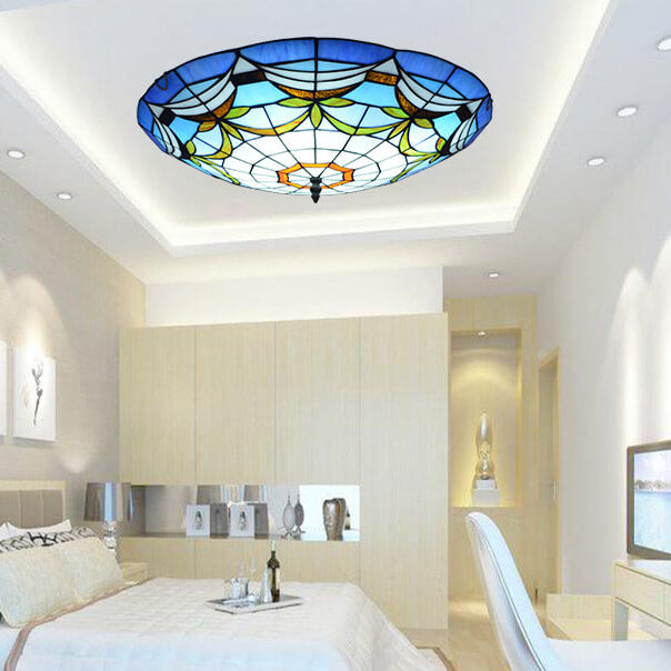European Stained Glass Tiffany Round Various Pattern Designs 2/3 Light Flush Mount Light