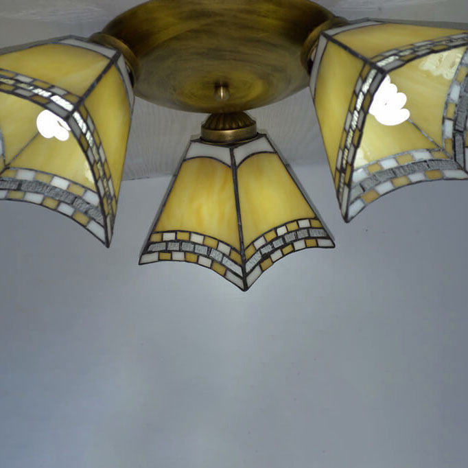 Tiffany Light Luxury Stained Glass Horn 3-Light Semi-Flush Mount Lighting