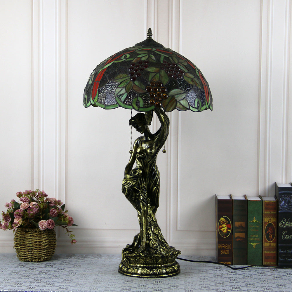 Traditional Tiffany Resin Glass Dome Grape Cow Diamond Pretty Woman Base 2-Light Table Lamp For Bedside