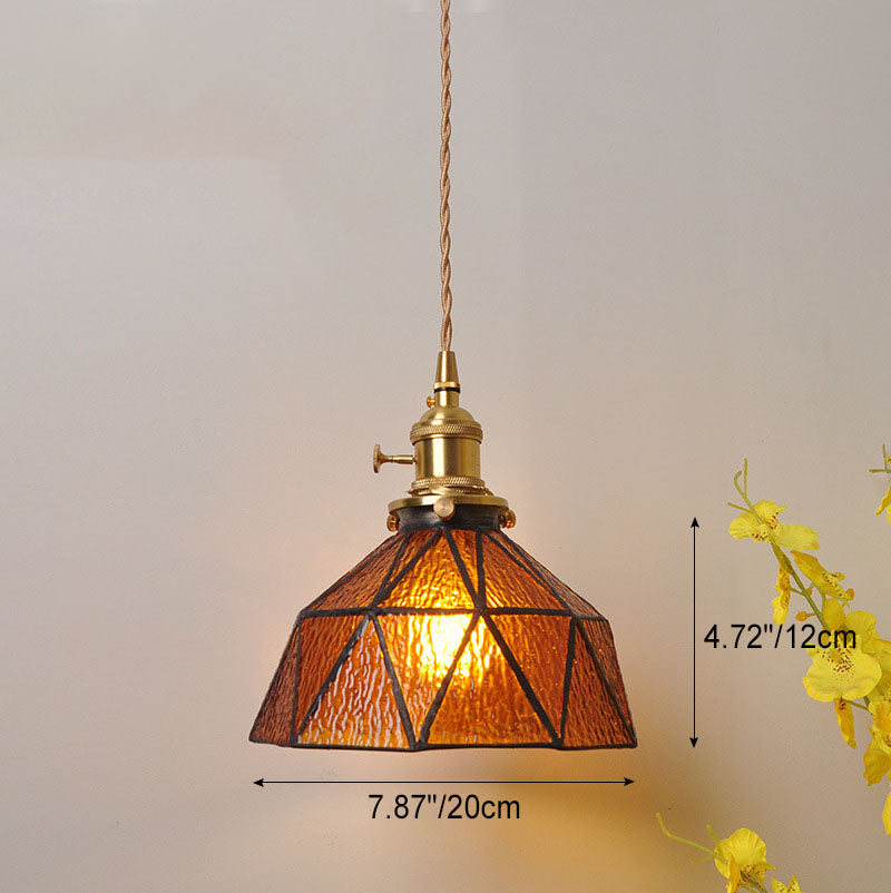 Traditional Vintage Water-ripple Glass Geometric Polygon Shade Brass 1-Light Pendant Light For Living Room